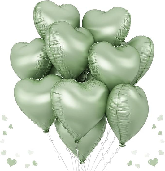 Sage Green Heart Foil Balloon, 10PCS Olive Green Heart Helium Balloons, Light Green Heart Shaped Foil Balloons for Jungle Safari Party Birthday Graduation Garden Wedding Baby Shower Party Decorations
