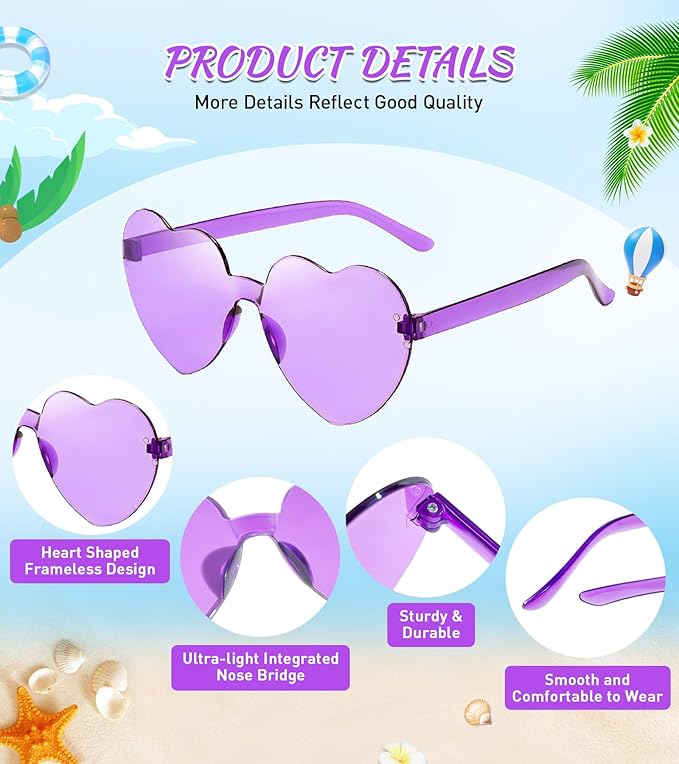 Matcheck 48 Pack Heart Rimless Sunglasses Frameless Colored Party Glasses Transparent Fun Eyewear for Adult