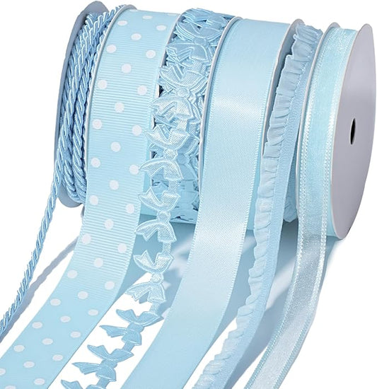 LaRibbons Light Blue Ribbons for Crafts 6 Rolls 28.5 Yards TTL Thin Ribbon for Baby Shower Sewing Gift Wrapping Home Decor