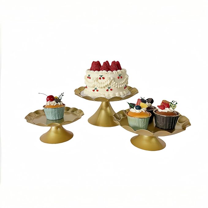 3 Pcs Metal Cake Stand Set, Scalloped Edge Cupcake Tray Dessert Display Platter, Decorative Serving Stand for Wedding, Birthday, Tea Party,Baby Show(Gold)