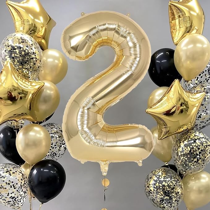 Champagne Gold Large Number 2 Balloon, 40 Inch Light Gold Foil Helium Number Balloons, Giant Mylar Number 2 Balloons for 2nd Years Old Birthday Party Anniversary Decorations