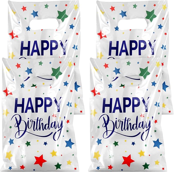 Hxezoc 50 Pieces Birthday Candy Bags Happy Birthday Goodie Bag Plastic Treat Bags Gift Wrap with Handles Favor Bags For Birthday Party Decoration Supplies (White)