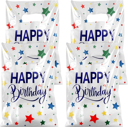 Hxezoc 50 Pieces Birthday Candy Bags Happy Birthday Goodie Bag Plastic Treat Bags Gift Wrap with Handles Favor Bags For Birthday Party Decoration Supplies (White)
