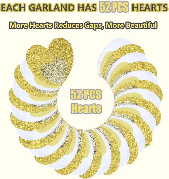 Gold-White Heart-Garland Streamers Engagement-Birthday Party-Decorations - 52Ft Glitter Champagne Hanging Banner Decor Wedding Congratulations Bachelorette Bridal Baby Shower Garsellen
