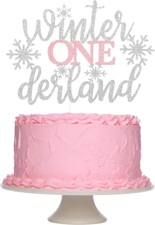 TeePolly Silver and Pink Glitter Winter Onederland 1st Birthday Cake Topper - 1 Pc, 6.6" x 4.8" - Winter, Christmas, Birthday Occasion