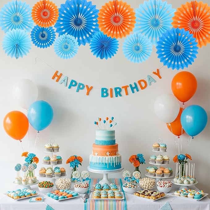 BEISHIDA Blue Dog Tissue Hanging Honeycomb Round Paper Fans Decoration Set for Orange Light Blue Birthday Baby Shower Backdrops Dog Theme Party Supplies(11 Packs)