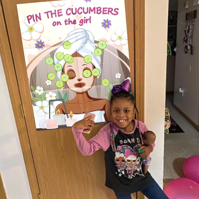 PARTYLOUD Pin The Cucumbers on The Girl, Spa Pajama Party Games, Kids Spa Birthday Party Sleepover Essentials for Girls Party Games 30 Guests