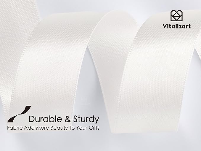 Vitalizart White Ribbon for Gift Wrapping 1" x 25Yd Double Face Continuous Functional Satin Ribbon for Crafts Silk Like Fabric Flower Bouquet Birthday Party Bridal Shower Wreath Hair Ivory Cream