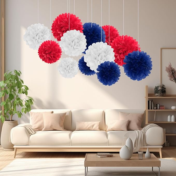 18 PCS Tissue Paper Pom Poms, Tissue Pom Poms Flowers, Sizes of 6", 10", 12", 14" Hanging Paper Flower Ball for Independence Day, Fourth of July, Baby Shower Party Decor (Red Blue White)