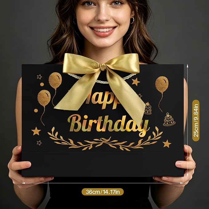 JMANNI Black Gold Happy Birthday Gift Bag with Card and Tissue Paper, 14.2"×9.84"×4.3" Large Present Bag for Men Women, Year Old Birthday Keepsake Party Supplies