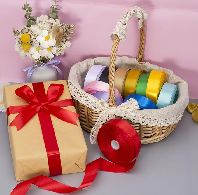 YASEO 1 Inch Red Solid Satin Ribbon, 50 Yards Craft Fabric Ribbon for Gift Wrapping Floral Bouquets Wedding Party Decoration