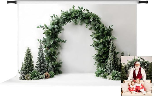 Kate Christmas Arch White Wall Backdrop Dark Green Christmas Trees Background Winter Greenery Archway Photo Background Studio Props,10x6.5ft