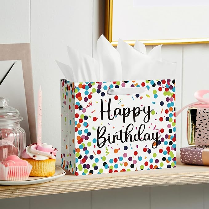 Horaldaily 13" Large Birthday Gift Paper Bags with Tissue Paper and Card, Happy Birthday Dots Streamers Gift Paper Bag for Men Women Kids Birthday,1Pcs