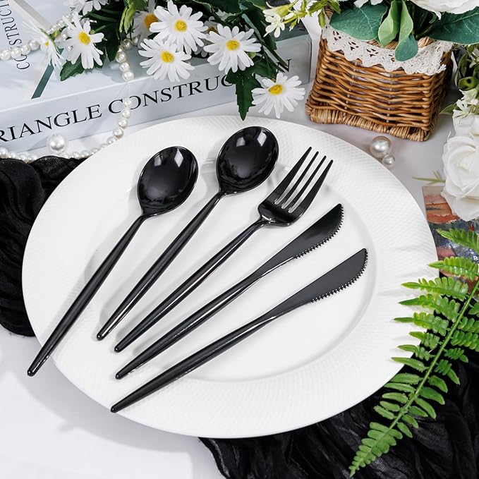 Supernal 360pcs Black Plastic Silverware,Heavy Duty Black Plastic Utensils, Disposable Cutlery Set Includes Disposable Knives,Forks and Spoons Silverware Set for Parties,Weddings & Birthday