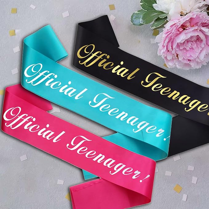Official Teenager Sash, Silver Foil 'Official Teenager' Pink Birthday Sash for Girl 13th Birthday Party Decorations Gifts Favors