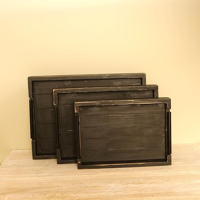 Coffee Table Tray Decorative Nested Vintage Wood Serving Tray Set for Eating, Trays for Eating on Couch Breakfast, Party, Kitchen,Ottoman,Tea Coffee Table Large (Rustic Black, 3Pc)