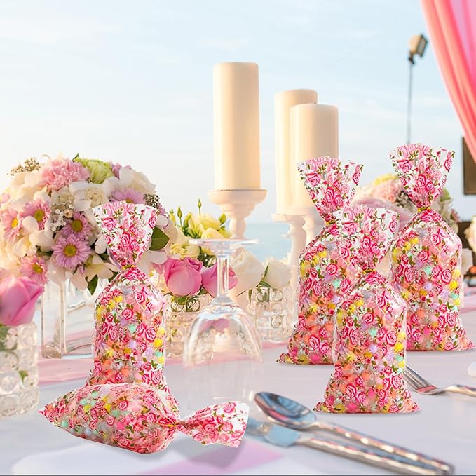 Docvania Floral Cellophane Treat Bags Plastic Gift Bag 100 pcs 5 X 11 Flowers Cookie Bags with Ties Goodie Candy Bag Suitable for Mother's Day, Valentine's Day, and Holiday Parties