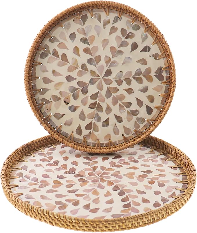 Round Rattan Tray with Mother of Pearl Inlay, Handwoven Wicker Coffee Table Serving Basket Tray for Fruit Snack Party Picnic Cafe Bedroom Kitchen Home Decor Set of 2 (Apricot Willow)
