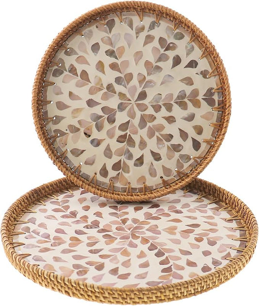 Round Rattan Tray with Mother of Pearl Inlay, Handwoven Wicker Coffee Table Serving Basket Tray for Fruit Snack Party Picnic Cafe Bedroom Kitchen Home Decor Set of 2 (Apricot Willow)
