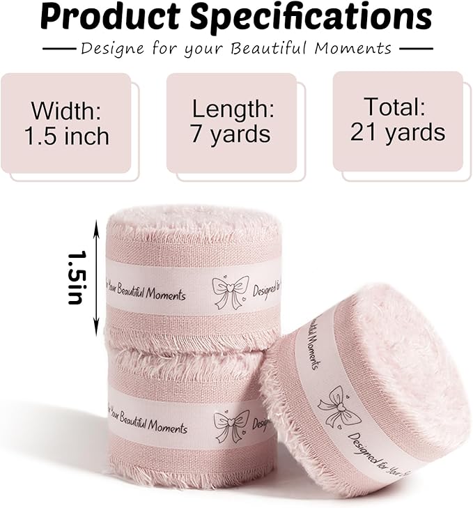 Pink Cotton Ribbon 1-1/2 Inch Pink 3 Rolls 21 Yards Frayed Edge Fabric Set for Bridal Shower, Baby Shower, Wedding Invitations, Birthday Party & Gift Wrapping