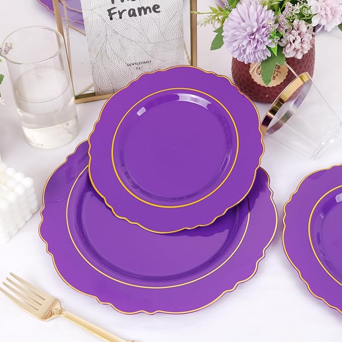 Liacere 350PCS Purple Plastic Plates-Disposable Purple and Gold Plates 50 guest Baroque Plastic Dinnerware include 100Plates,50Pack Pre Rolled Napkins with Silverware 50Cups for Halloween