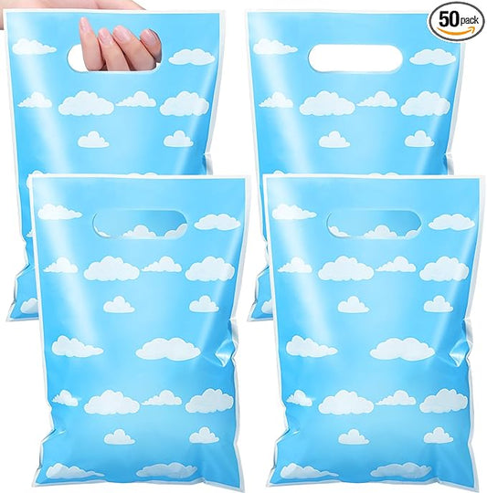 Pasimy 50 Pcs Blue Cloud Gift Bags Cartoon Story Goodie Candy Bags with Handle Blue Sky White Clouds Party Favors for Boys Girls Kids Baby Shower Birthday Party Favors Supplies Decorations
