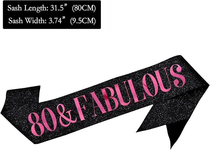 80 & Fabulous Sash, Funny 80th Birthday Sash for Women 80th Bday Party Photo Prop Favors Suppiles, Pink Foil Letter, Glitter Black