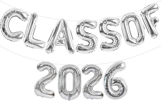 TONIFUL Silver Class of 2026 Graduation Balloon Banners Foil Balloons Decorations 2026 Congrats Grad Balloons for Class of 2026 Congratulation Graduations Party Supplies