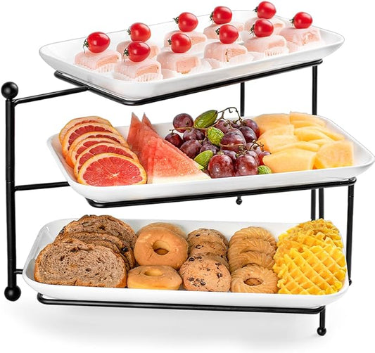 3 Tiered Serving Tray with White Porcelain Platters,Tiered Serving Stand Food Display Stand, Tiered Serving Trays & Platters, Rotatable Foldable Rectangular Plates for Dessert, Brithday Party & Events