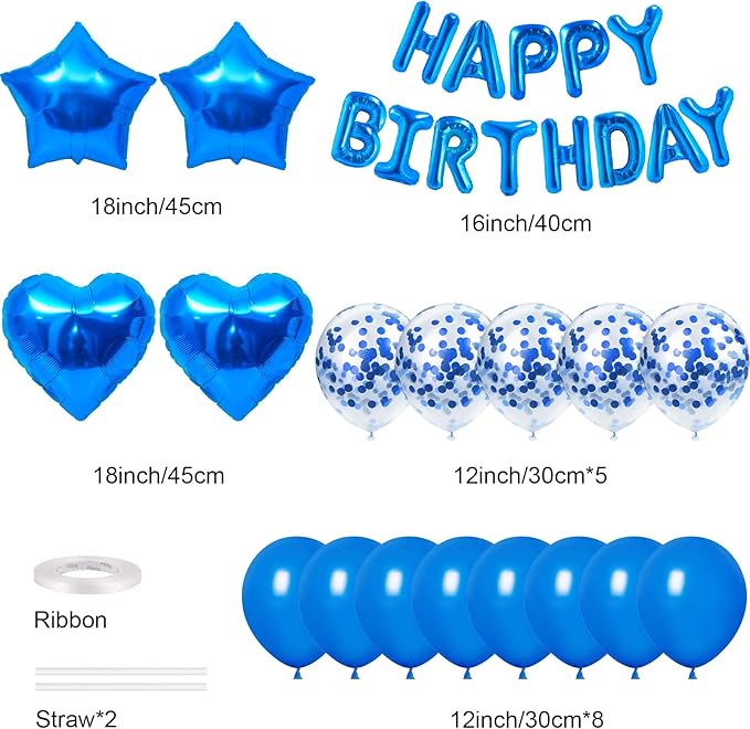 CANREVEL Happy Birthday Balloons Banner 16 Inch Mylar Foil Letters with Star & Heart Balloons Birthday Party Decorations for Men and Women - 30 Pcs Blue