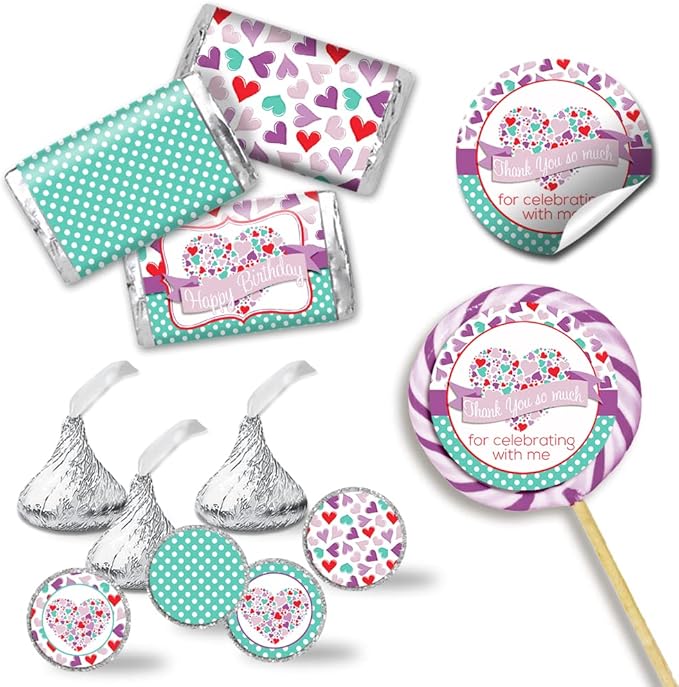 Sweetheart Pink & Purple Hearts Valentine's Day Birthday Party Sticker Bundle Kit 429 Pieces! Includes 2" Circle Stickers for Favors, Mini Candy Bar Wrappers & Round Candy Kiss Stickers