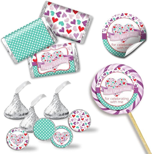 Sweetheart Pink & Purple Hearts Valentine's Day Birthday Party Sticker Bundle Kit 429 Pieces! Includes 2" Circle Stickers for Favors, Mini Candy Bar Wrappers & Round Candy Kiss Stickers