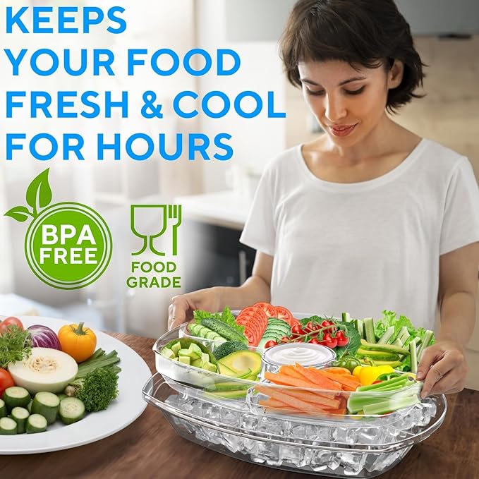 Premium Chilled Serving Tray for Parties - 15" Ice Chilled Party Platter w/Lid & Dip Holder - Functional Cold Dish w/ 4 Compartments - Perfect for Fruits, Veggies, Shrimp Cocktail - Keeps Food Cool