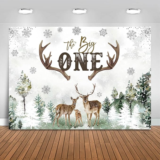 Mocsicka Deer 1st Birthday Backdrop Advenrture Winter Forest Deer Party Decoration The Big One Deer Antlers Rustic 1st Birthday Banner Bakground (Green, 7x5ft(82x60 inch))