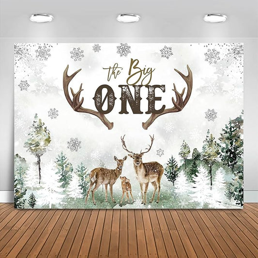 Mocsicka Deer 1st Birthday Backdrop Advenrture Winter Forest Deer Party Decoration The Big One Deer Antlers Rustic 1st Birthday Banner Bakground (Green, 7x5ft(82x60 inch))