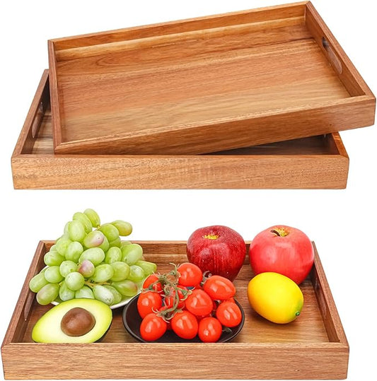 3 PCS Acacia Wood Serving Tray with Handles - 15 x 10 Inch Elegant Rectangle Wooden Tray for Food, Decorative Snack Tray, Breakfast and Kitchen Tray, Ideal Wooden Serving Platter for Homes