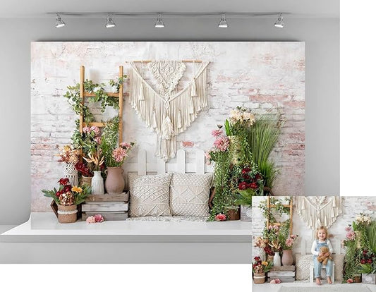 Kate 7x5ft Boho Chic Backdrops for Photography Rustic Macrame Floral Wall Hanging Photo Background for Bridal Shower Maternity Newborn Portrait Photoshoot