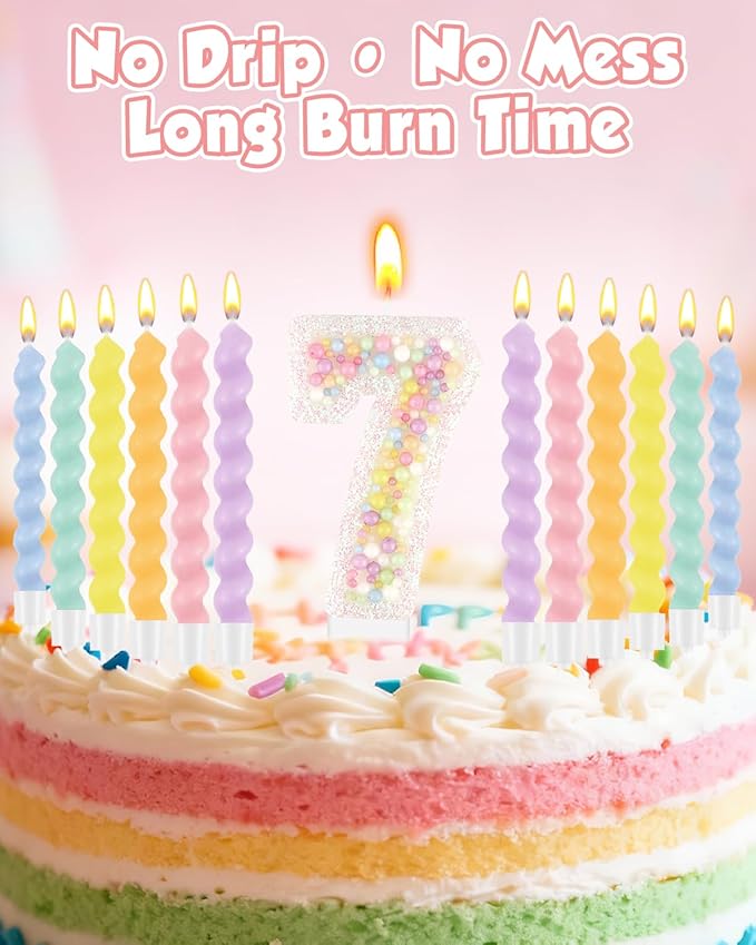 Birthday Candles for Cake, Pink Number Candles, Cake Candles with Greeting Card for Birthday Party Wedding Anniversary Celebrations（7 Candle,White Number Macaron）