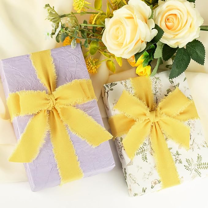 Yellow Cotton Ribbon 1 Inch Mustard Yellow 3 Rolls 21 Yards Frayed Edge Fabric Set for Wedding Decor, Bridal Bouquet Wrap, Baby Shower, Gift Wrapping & Fall Decor
