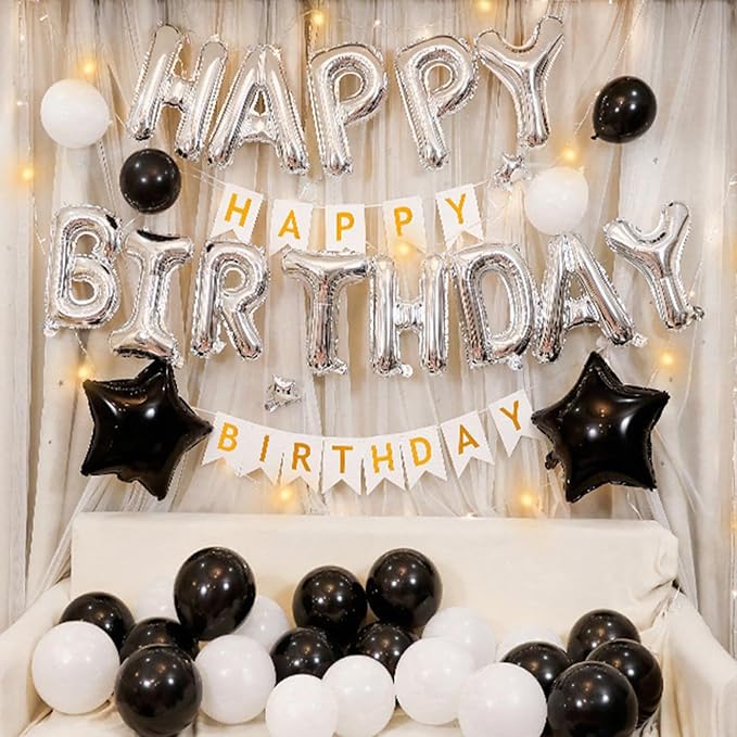 CANREVEL Happy Birthday Banner 13pcs 16 Inch Mylar Foil Letters Sign Balloons with LED Lights Birthday Party Decorations for Kids and Adults - 3D Silver
