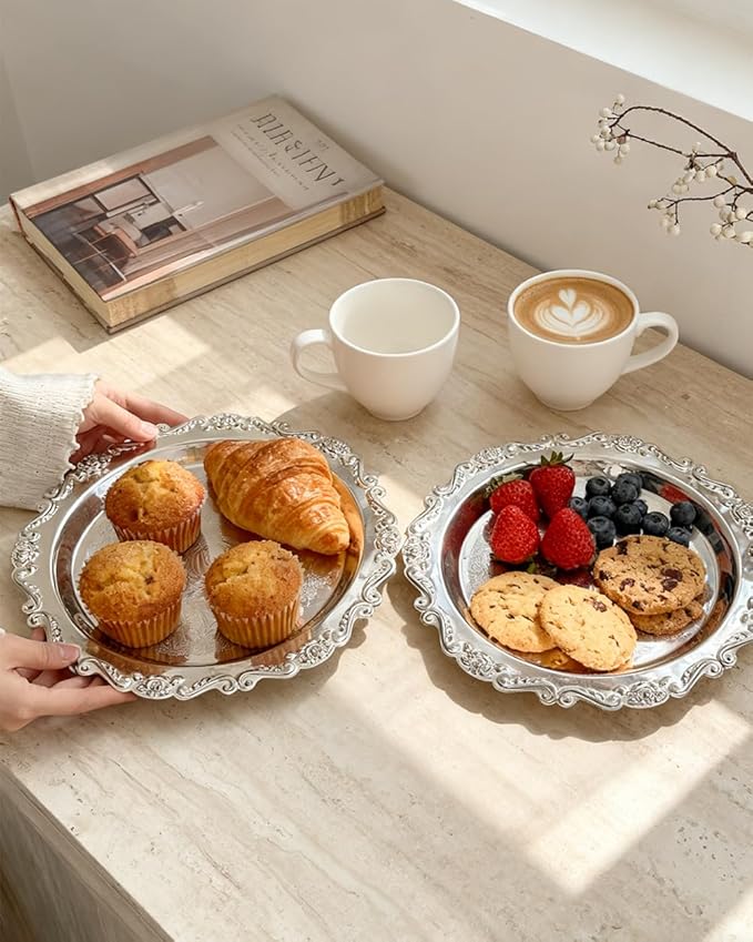 Silver Decorative Tray Set of 2, 10'' Round Vintage Metal Serving Tray, Medium Ornate Coffee Table Centerpiece, Vanity Tray for Perfume, Jewelry, Party Decor