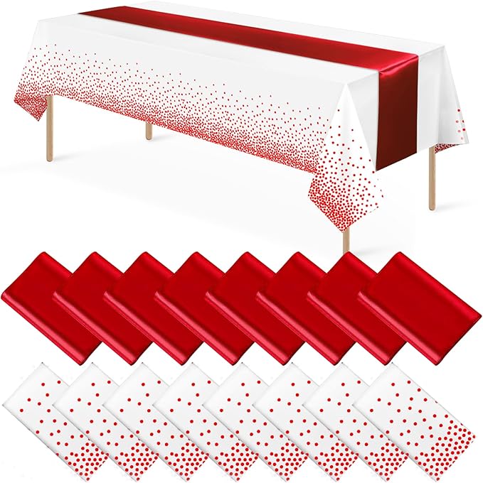 16Pack Disposable Plastic Tablecloths and Satin Table Runner Set White and Red Dot Tablecloth Red Satin Table Runner for Wedding Birthday Baby Shower Anniversary Christmas New Year Party Supplies
