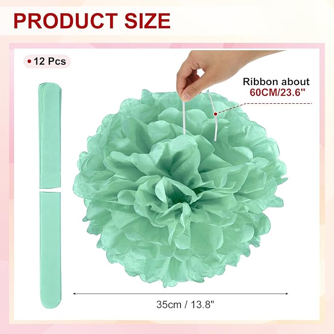 PATIKIL 14inch Tissue Paper Pom Poms, 12PCS Pom Poms Paper Flowers Ball Tissue Paper Flowers for Wedding Bridal Shower Birthday Bachelorette Party Backdrop Decoration, Mint Green