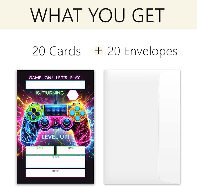 Gaming Themed Birthday Invitations – 20 Invitation Cards 4"x6" with Envelopes.(010)