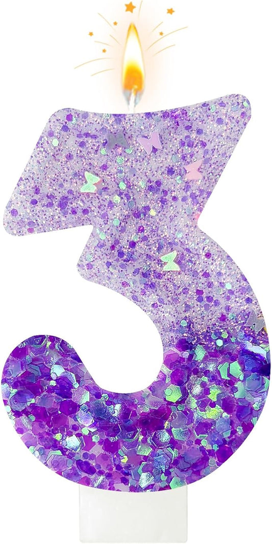 Purple Sequin Birthday Candles, Cake Number Candles, Girls 0th Birthday Decorations, Suitable for Birthday Parties, Anniversary Party Decorations(3)