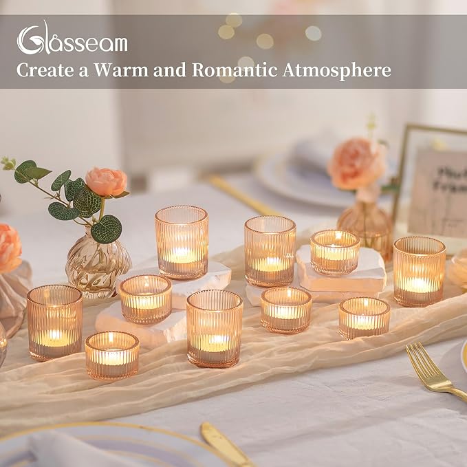 Glasseam Gold Votive Candle Holders: 24 Pcs Ribbed Glass Tealight Candle Holder Set Tea Light Holders Bulk Wedding Decorations for Reception Modern Party Decor Centerpiece