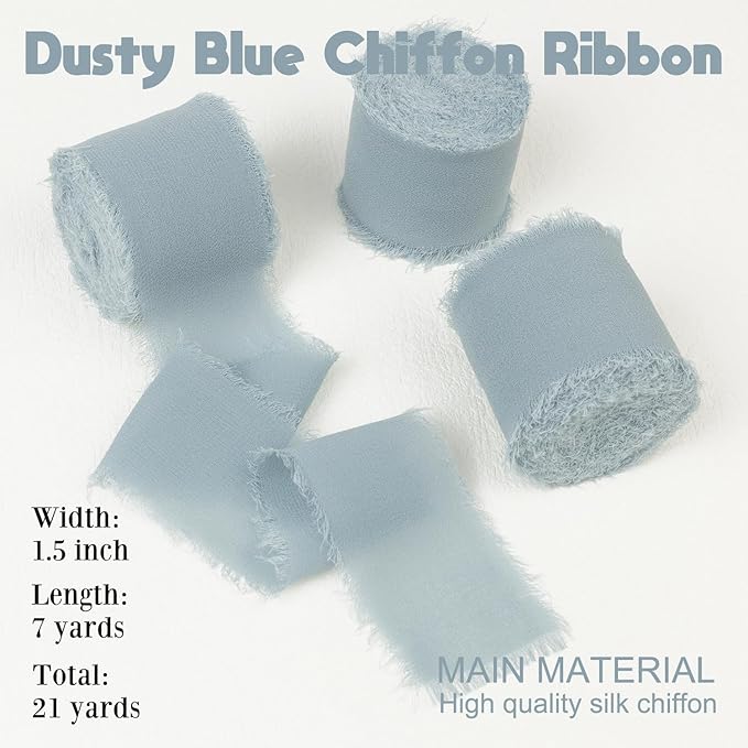 Dusty Blue Chiffon Ribbon 1-1/2 Inch x 21 Yards Boho Frayed Fringe Chiffon Silk Ribbon for Gift Wrapping, Wedding Invitation, Bridal Flower Bouquets