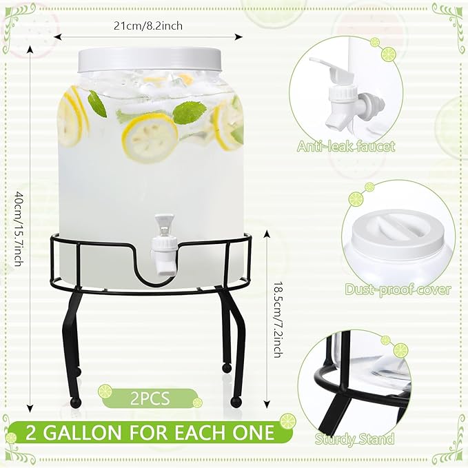 Tanlade 2 Pack 2 Gallon Plastic Drink Dispenser with Stand Beverage Dispenser with Sturdy Metal Base Juice Dispensers Drink Jar with Spigot for Weddings Parties Lemonade Tea Countertop
