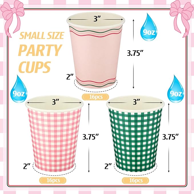 Yungyan 48 Pcs Camp Gingham Disposable Paper Cups Camp Bachelorette Party Supplies 9 oz Pink and Green Plaid Checkered Drinking Cups Picnic Travel Party Favors for Holiday Birthday Bridal Shower