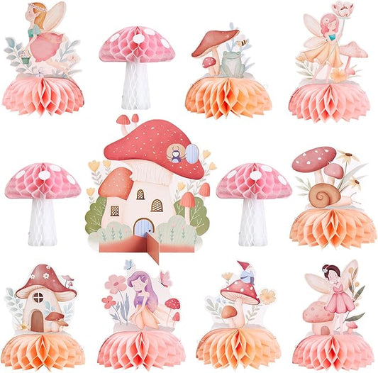 SUNBEAUTY 12 PCS Fairy First Birthday Decoration Fairy Centerpieces for Tables Mushroom Honeycomb Centerpieces Butterfly Flowers Birthday Party Decorations for Spring Garden Baby Shower